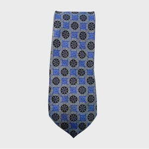 VERSACE Blue Grey Silver Snowflake Geometric Print Silk Neck Tie